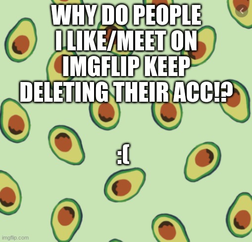 avocado backgrond | WHY DO PEOPLE I LIKE/MEET ON IMGFLIP KEEP DELETING THEIR ACC!? :( | image tagged in avocado backgrond | made w/ Imgflip meme maker