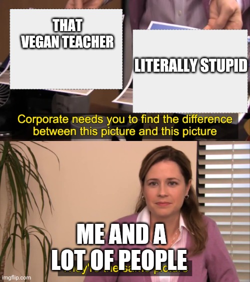 there the same picture | THAT VEGAN TEACHER; LITERALLY STUPID; ME AND A LOT OF PEOPLE | image tagged in there the same picture | made w/ Imgflip meme maker