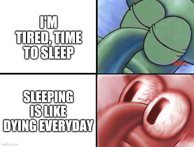 Sleeping is dying everyday | I'M TIRED, TIME TO SLEEP; SLEEPING IS LIKE DYING EVERYDAY | image tagged in sleeping squidward,memes | made w/ Imgflip meme maker