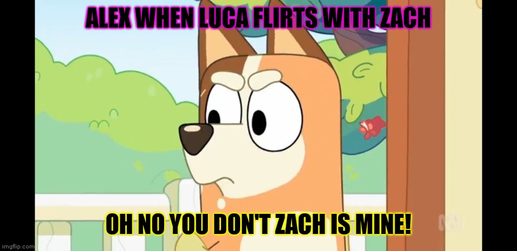 The squad | ALEX WHEN LUCA FLIRTS WITH ZACH; OH NO YOU DON'T ZACH IS MINE! | image tagged in angry chilli | made w/ Imgflip meme maker