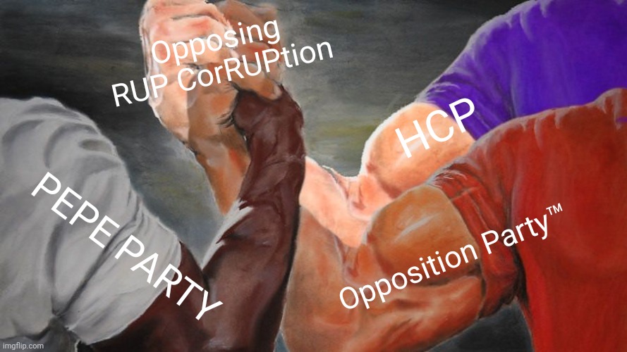 Epic Handshake Three Way | Opposing RUP CorRUPtion Opposition Party™ PEPE PARTY HCP | image tagged in epic handshake three way,truth,pepe party,hcp,opposition party | made w/ Imgflip meme maker