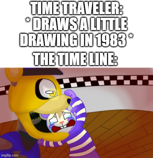 hm | TIME TRAVELER: * DRAWS A LITTLE DRAWING IN 1983 *; THE TIME LINE: | image tagged in htf,timeline,fnaf | made w/ Imgflip meme maker