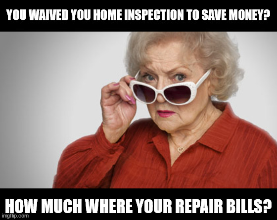Betty White OK? | YOU WAIVED YOU HOME INSPECTION TO SAVE MONEY? HOW MUCH WHERE YOUR REPAIR BILLS? | image tagged in betty white ok | made w/ Imgflip meme maker