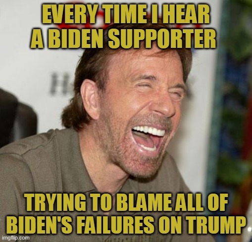 The Media Continues To Fill Their Tiny Brains With Propaganda And The Poor Brainwashed Sheep Can't Get Enough |  EVERY TIME I HEAR A BIDEN SUPPORTER; TRYING TO BLAME ALL OF BIDEN'S FAILURES ON TRUMP | image tagged in memes,chuck norris laughing,chuck norris,joe biden,biden,election 2020 | made w/ Imgflip meme maker