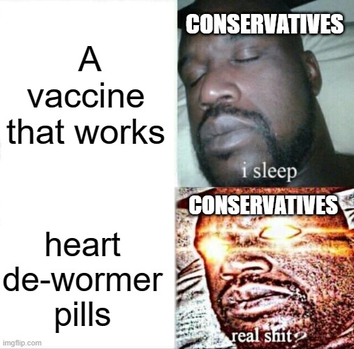 Sleeping Shaq | A vaccine that works; CONSERVATIVES; CONSERVATIVES; heart de-wormer pills | image tagged in memes,sleeping shaq | made w/ Imgflip meme maker