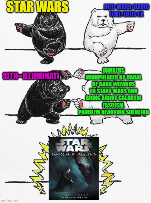 I'm tired of them putting chemicals in the water that turn the freakin' gungans gay!!! | STAR WARS; INFO WARS/DAVID ICKE/DEUS EX; BANKERS MANIPULATED BY CABAL OF DARK WIZARDS TO START WARS AND BRING ABOUT GALACTIC FASCISM, PROBLEM REACTION SOLUTION; SITH=ILLUMINATI | image tagged in panda fusion,star wars eu character spotlight,infowars,alex jones,palpatine ironic,illuminati | made w/ Imgflip meme maker