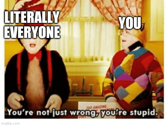 You're not just wrong your stupid | LITERALLY EVERYONE YOU | image tagged in you're not just wrong your stupid | made w/ Imgflip meme maker