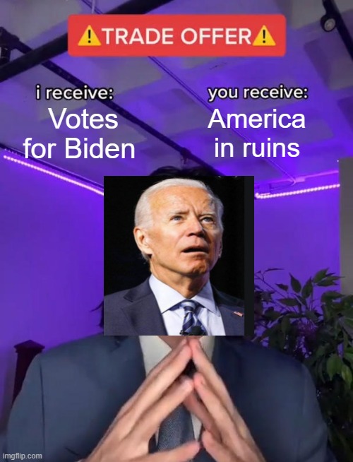 25th Amendment, Biden is unfit | Votes for Biden; America in ruins | image tagged in trade offer | made w/ Imgflip meme maker