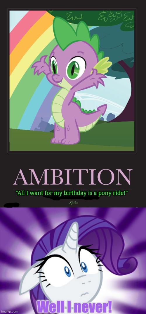 Spike's wish! | "All I want for my birthday is a pony ride!"; Well I never! | image tagged in shocked rarity,spike,mlp,pony ride,birthday,ambition | made w/ Imgflip meme maker