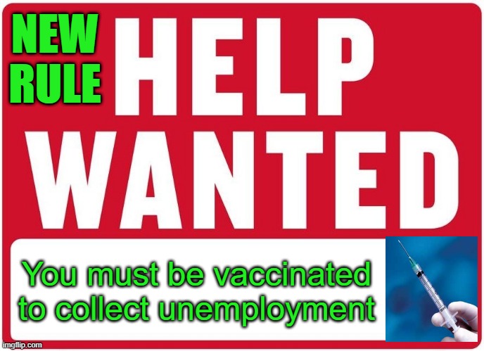 Vaccinate unemployed | NEW RULE; You must be vaccinated to collect unemployment | image tagged in vaccine,unemployment,help wanted | made w/ Imgflip meme maker