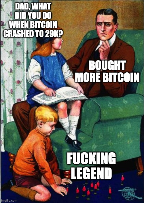 Daddy, what did you do...? | DAD, WHAT DID YOU DO WHEN BITCOIN CRASHED TO 29K? BOUGHT MORE BITCOIN; FUCKING LEGEND | image tagged in daddy what did you do | made w/ Imgflip meme maker