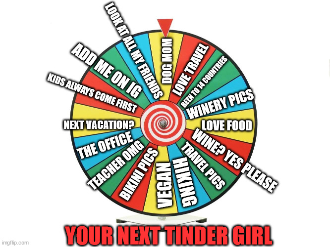 wheel of tinder | LOOK AT ALL MY FRIENDS; DOG MOM; ADD ME ON IG; LOVE TRAVEL; BEEN TO 14 COUNTRIES; KIDS ALWAYS COME FIRST; WINERY PICS; NEXT VACATION? LOVE FOOD; THE OFFICE; WINE? YES PLEASE; TEACHER OMG; TRAVEL PICS; BIKINI PICS; HIKING; VEGAN; YOUR NEXT TINDER GIRL | image tagged in generic wheel of fortune,tinder,online dating,women,girls,dating | made w/ Imgflip meme maker
