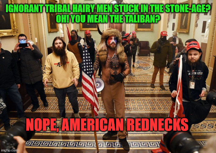 Capitol Buffalo guy | IGNORANT TRIBAL HAIRY MEN STUCK IN THE STONE-AGE?
OH! YOU MEAN THE TALIBAN? NOPE, AMERICAN REDNECKS | image tagged in capitol buffalo guy | made w/ Imgflip meme maker