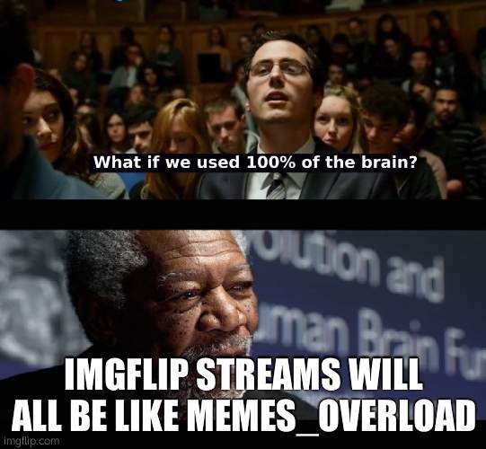 What if we used 100 % of the brain? | IMGFLIP STREAMS WILL ALL BE LIKE MEMES_OVERLOAD | image tagged in what if we used 100 of the brain | made w/ Imgflip meme maker