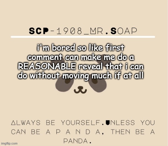 like that i don't have to leave my room to do :p | i'm bored so like first comment can make me do a REASONABLE reveal that i can do without moving much if at all | image tagged in soaps panda tempo | made w/ Imgflip meme maker