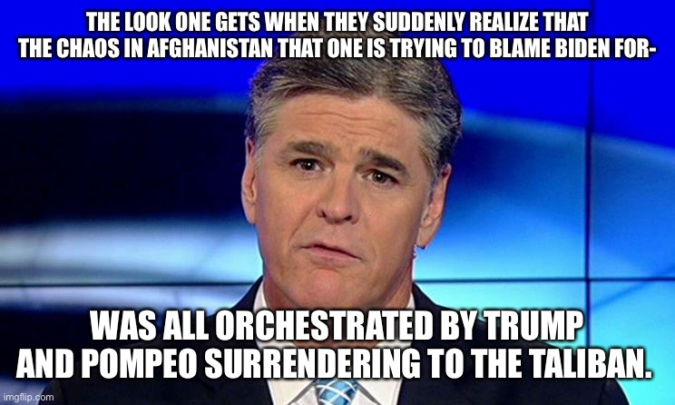 Sad Sean Hannity | THE LOOK ONE GETS WHEN THEY SUDDENLY REALIZE THAT THE CHAOS IN AFGHANISTAN THAT ONE IS TRYING TO BLAME BIDEN FOR-; WAS ALL ORCHESTRATED BY TRUMP AND POMPEO SURRENDERING TO THE TALIBAN. | image tagged in sad sean hannity | made w/ Imgflip meme maker
