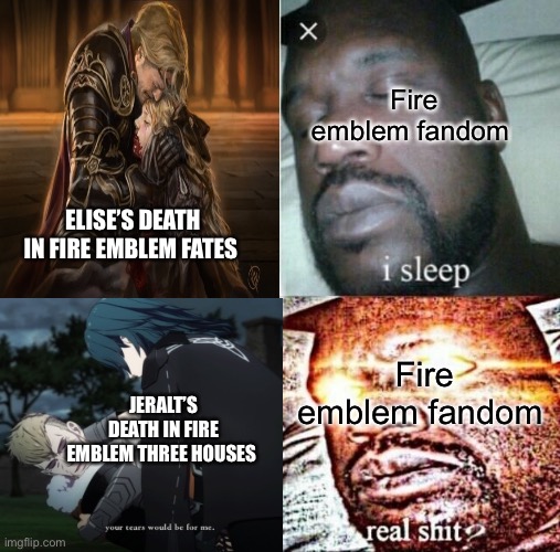 Fire emblem fandom in a nutshell | Fire emblem fandom; ELISE’S DEATH IN FIRE EMBLEM FATES; Fire emblem fandom; JERALT’S DEATH IN FIRE EMBLEM THREE HOUSES | image tagged in memes,sleeping shaq | made w/ Imgflip meme maker