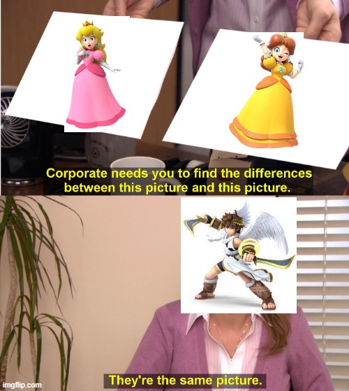 I feel like Palutena's Guidance is just roasting fans | image tagged in memes,they're the same picture,peach,daisy,pit,palutena's guidance | made w/ Imgflip meme maker