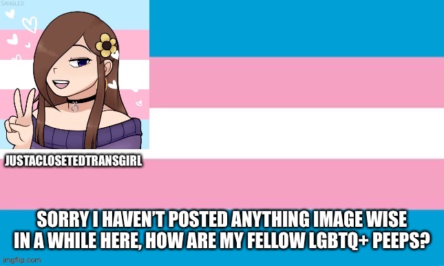 JustAClosetedTransGirl Announcement Board | SORRY I HAVEN’T POSTED ANYTHING IMAGE WISE IN A WHILE HERE, HOW ARE MY FELLOW LGBTQ+ PEEPS? | image tagged in justaclosetedtransgirl announcement board | made w/ Imgflip meme maker