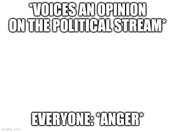 I'm correct | *VOICES AN OPINION ON THE POLITICAL STREAM*; EVERYONE: *ANGER* | image tagged in blank white template | made w/ Imgflip meme maker