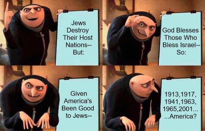 History's Greatest Ally | Jews Destroy 
Their Host 
Nations--
But:; God Blesses 
Those Who 
Bless Israel--
So:; Given America's 
Been Good 
to Jews--; 1913,1917,
1941,1963,
1965,2001...
...America? | image tagged in memes,gru's plan,jews,jewish,america,collapse | made w/ Imgflip meme maker