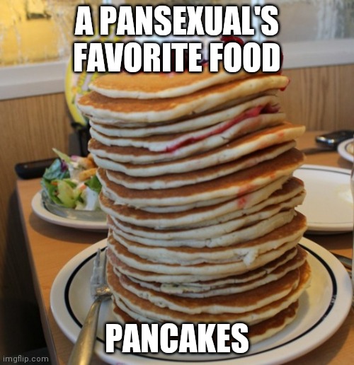 Because PANcakes | A PANSEXUAL'S FAVORITE FOOD; PANCAKES | image tagged in pancakes | made w/ Imgflip meme maker