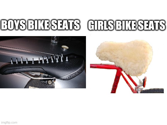 anyone can relate | GIRLS BIKE SEATS; BOYS BIKE SEATS | image tagged in blank white template,bikes,boys vs girls,relatable,funny | made w/ Imgflip meme maker