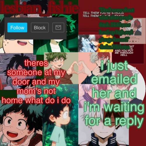 Fishie's TodoDeku temp | theres someone at my door and my mom's not home what do i do; i just emailed her and i'm waiting for a reply | image tagged in fishie's tododeku temp | made w/ Imgflip meme maker