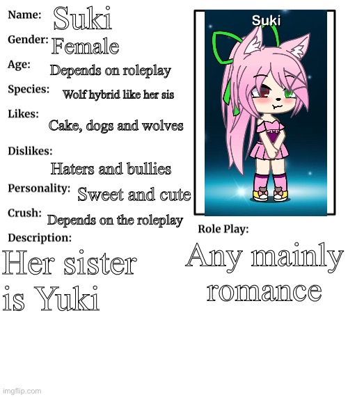 Suki | Suki; Female; Depends on roleplay; Wolf hybrid like her sis; Cake, dogs and wolves; Haters and bullies; Sweet and cute; Depends on the roleplay; Any mainly romance; Her sister is Yuki | image tagged in rp stream oc showcase | made w/ Imgflip meme maker