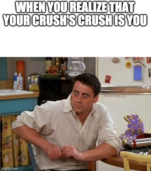Surprised Joey | WHEN YOU REALIZE THAT YOUR CRUSH'S CRUSH IS YOU | image tagged in surprised joey | made w/ Imgflip meme maker