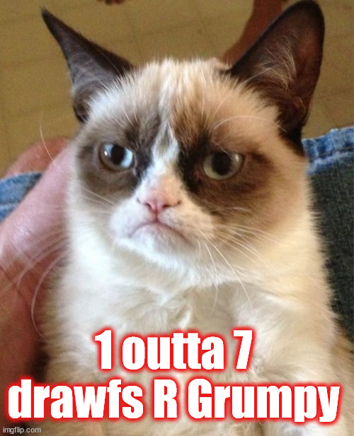 Grumpy Cat | 1 outta 7 drawfs R Grumpy | image tagged in memes,grumpy cat | made w/ Imgflip meme maker