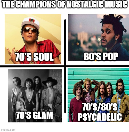 Nostalgia Music | THE CHAMPIONS OF NOSTALGIC MUSIC; 80'S POP; 70'S SOUL; 70'S/80'S PSYCADELIC; 70'S GLAM | image tagged in memes,blank starter pack | made w/ Imgflip meme maker