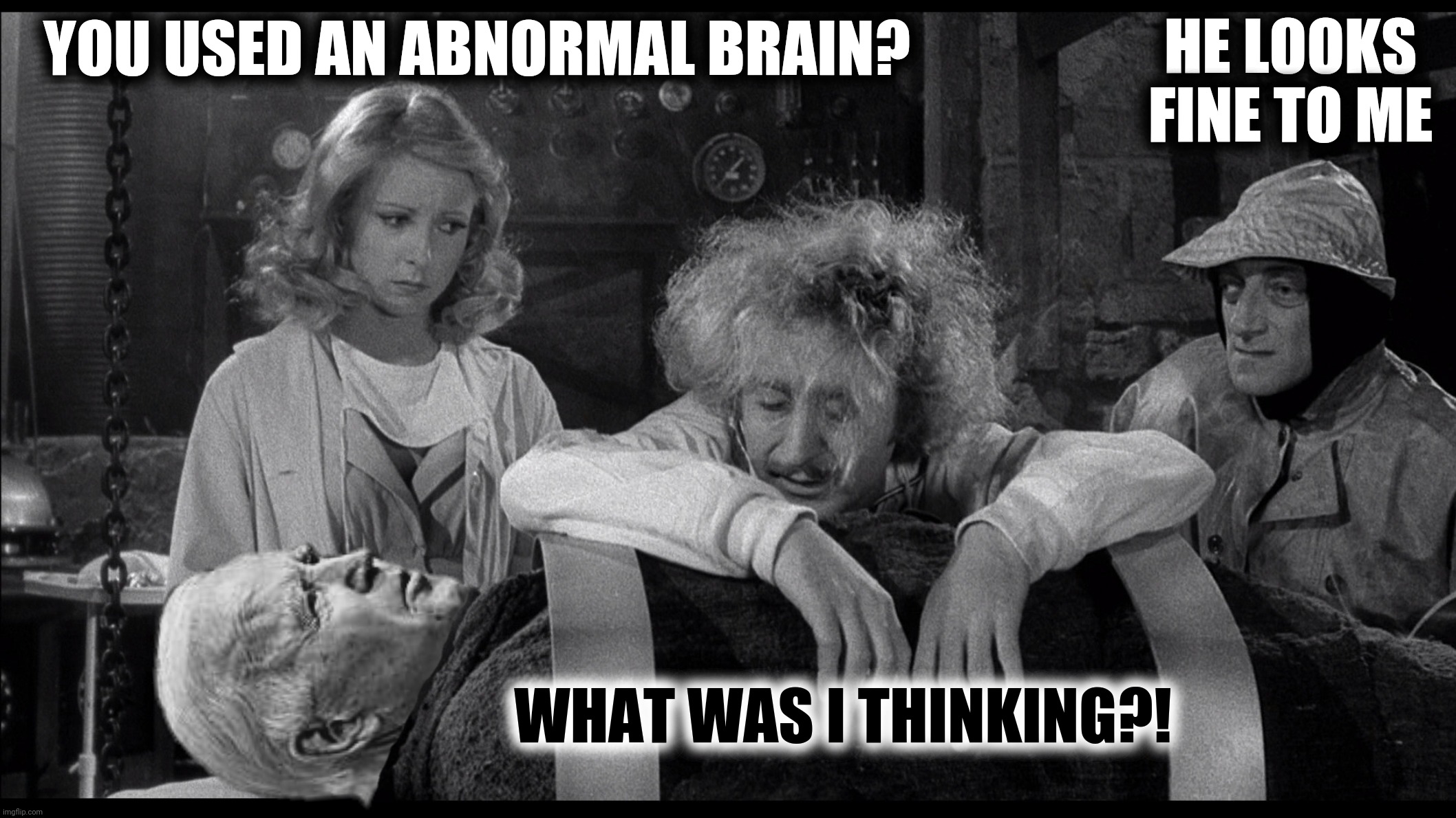 Bad Photoshop Sunday presents:  Old Frankenstein | HE LOOKS FINE TO ME; YOU USED AN ABNORMAL BRAIN? WHAT WAS I THINKING?! | image tagged in bad photoshop sunday,joe biden,young frankenstein,abby normal | made w/ Imgflip meme maker