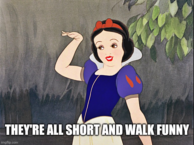 snow white wave | THEY'RE ALL SHORT AND WALK FUNNY | image tagged in snow white wave | made w/ Imgflip meme maker