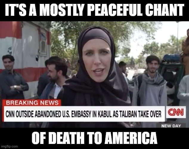 CNN Burka Idiot | IT'S A MOSTLY PEACEFUL CHANT; OF DEATH TO AMERICA | image tagged in cnn burka idiot | made w/ Imgflip meme maker