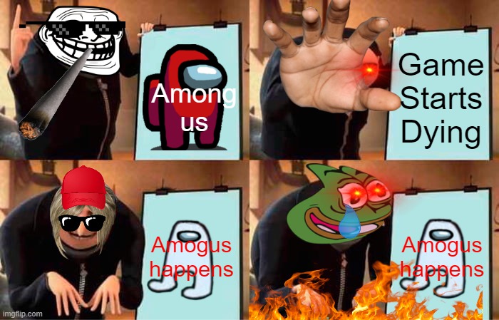 Among us in a nutshell | Game Starts Dying; Among us; Amogus happens; Amogus happens | image tagged in memes,gru's plan | made w/ Imgflip meme maker