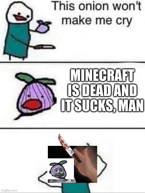 this is why i agree with the human. | MINECRAFT IS DEAD AND IT SUCKS, MAN | image tagged in this onion wont make me cry | made w/ Imgflip meme maker