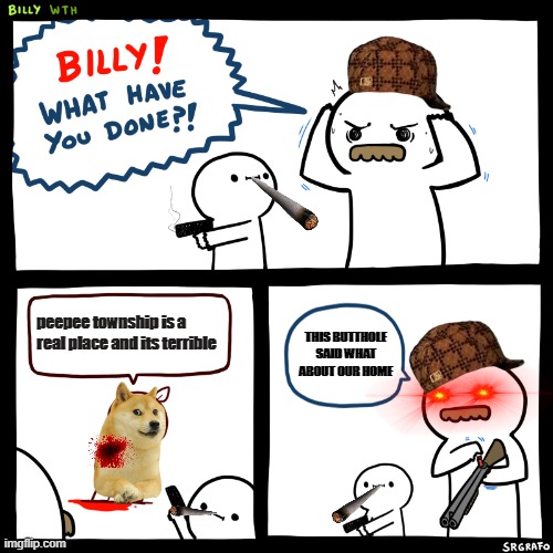 Billy, What Have You Done | peepee township is a real place and its terrible; THIS BUTTHOLE SAID WHAT ABOUT OUR HOME | image tagged in billy what have you done | made w/ Imgflip meme maker