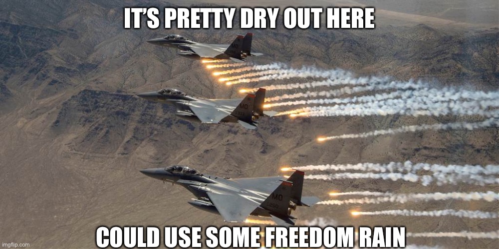 Plane | IT’S PRETTY DRY OUT HERE; COULD USE SOME FREEDOM RAIN | image tagged in airplane | made w/ Imgflip meme maker