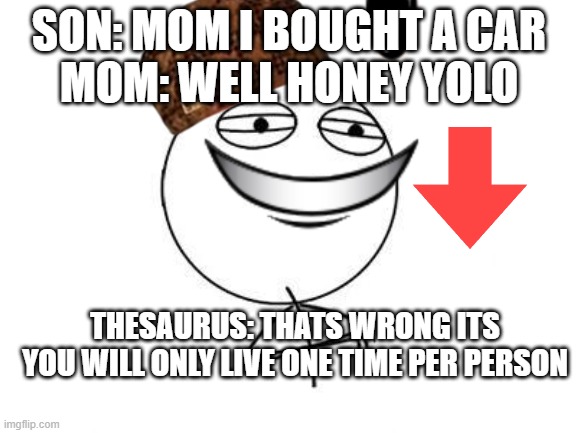ma i bought da car | SON: MOM I BOUGHT A CAR
MOM: WELL HONEY YOLO; THESAURUS: THATS WRONG ITS YOU WILL ONLY LIVE ONE TIME PER PERSON | image tagged in mom | made w/ Imgflip meme maker
