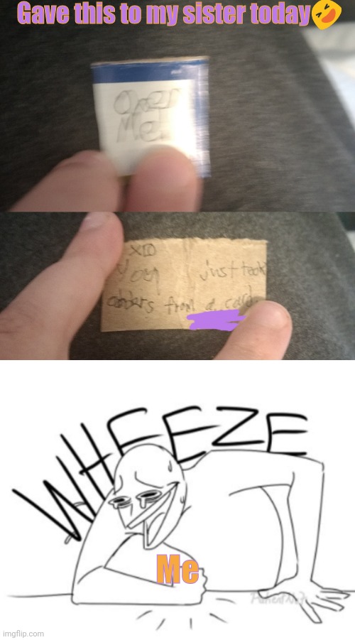 乁( •_• )ㄏ | Gave this to my sister today🤣; Me | image tagged in wheeze | made w/ Imgflip meme maker