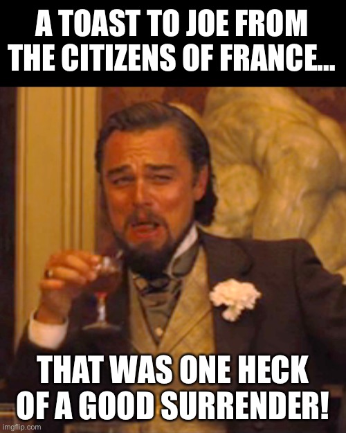 France | A TOAST TO JOE FROM THE CITIZENS OF FRANCE…; THAT WAS ONE HECK OF A GOOD SURRENDER! | image tagged in memes,laughing leo | made w/ Imgflip meme maker