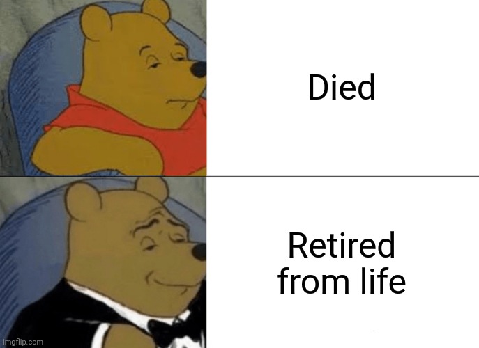 Tuxedo Winnie The Pooh Meme | Died; Retired from life | image tagged in memes,tuxedo winnie the pooh | made w/ Imgflip meme maker