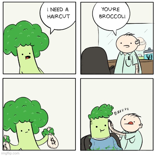The Broccoli haircut | image tagged in broccoli,haircut,comics/cartoons,comics,comic | made w/ Imgflip meme maker