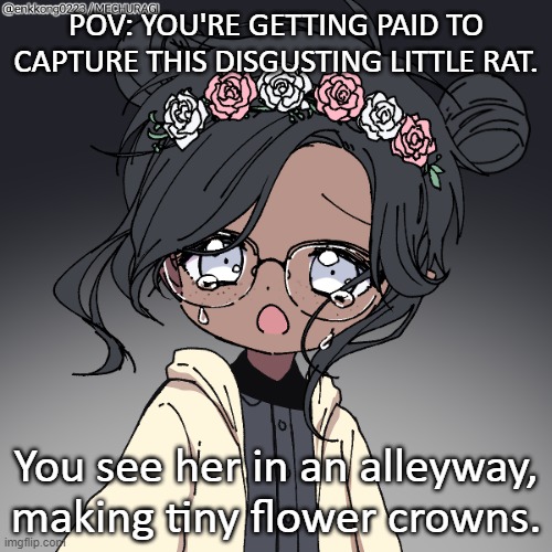 I saw someone else do this and thought it might be fun to try as well :) | POV: YOU'RE GETTING PAID TO CAPTURE THIS DISGUSTING LITTLE RAT. You see her in an alleyway, making tiny flower crowns. | made w/ Imgflip meme maker