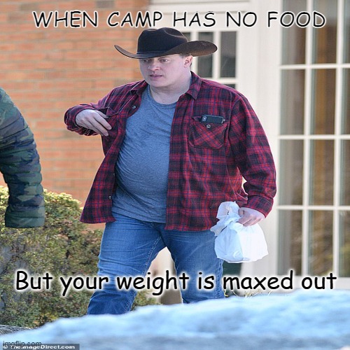 Brenden Fraser cowboy fat | WHEN CAMP HAS NO FOOD; But your weight is maxed out | image tagged in memes,video games | made w/ Imgflip meme maker