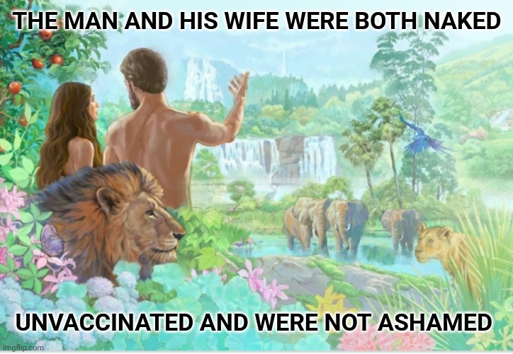 Genesis 2:25 | THE MAN AND HIS WIFE WERE BOTH NAKED; UNVACCINATED AND WERE NOT ASHAMED | image tagged in vaccines,adam and eve,garden,vaccination,bible | made w/ Imgflip meme maker