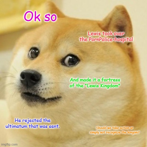 Doge Meme | Ok so; Lewis took over the PornPolice-hospital; And made it a fortress of the "Lewis Kingdom"; He rejected the ultimatum that was sent. Should we take action or simply not recognize the kingom? | image tagged in memes,doge | made w/ Imgflip meme maker