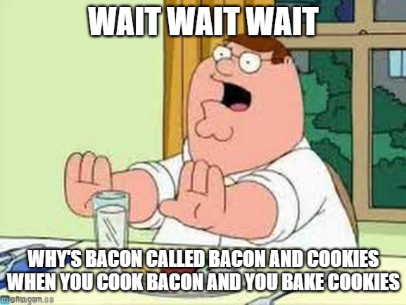 Peter Griffin wait wait wait | WAIT WAIT WAIT; WHY'S BACON CALLED BACON AND COOKIES WHEN YOU COOK BACON AND YOU BAKE COOKIES | image tagged in peter griffin wait wait wait | made w/ Imgflip meme maker