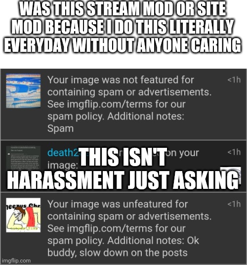 WAS THIS STREAM MOD OR SITE MOD BECAUSE I DO THIS LITERALLY EVERYDAY WITHOUT ANYONE CARING; THIS ISN'T HARASSMENT JUST ASKING | made w/ Imgflip meme maker